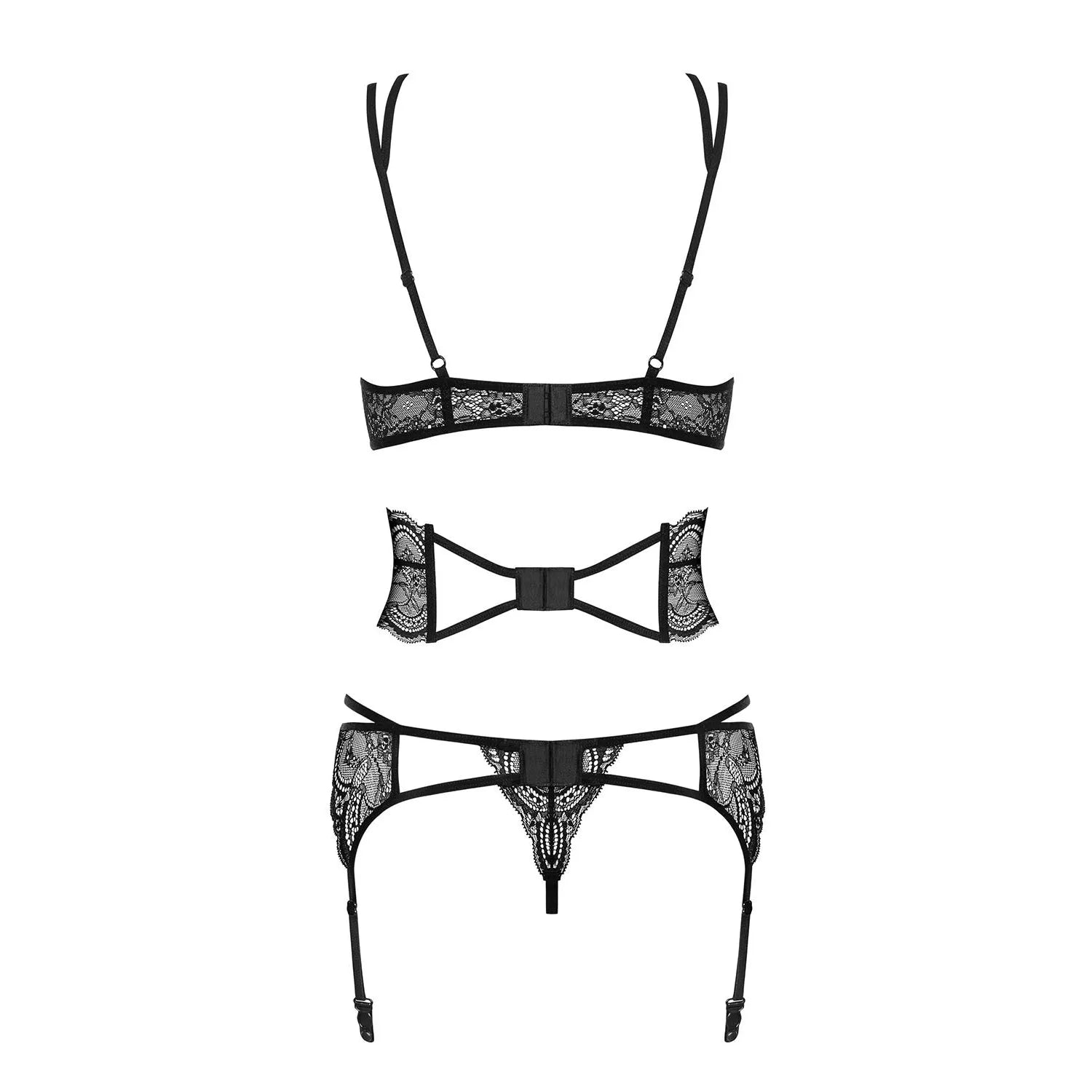 Ensemble lingerie dentelle noire 4 pièces, bretelles réglables, résille délicate, maintien sculptant, style glamour.