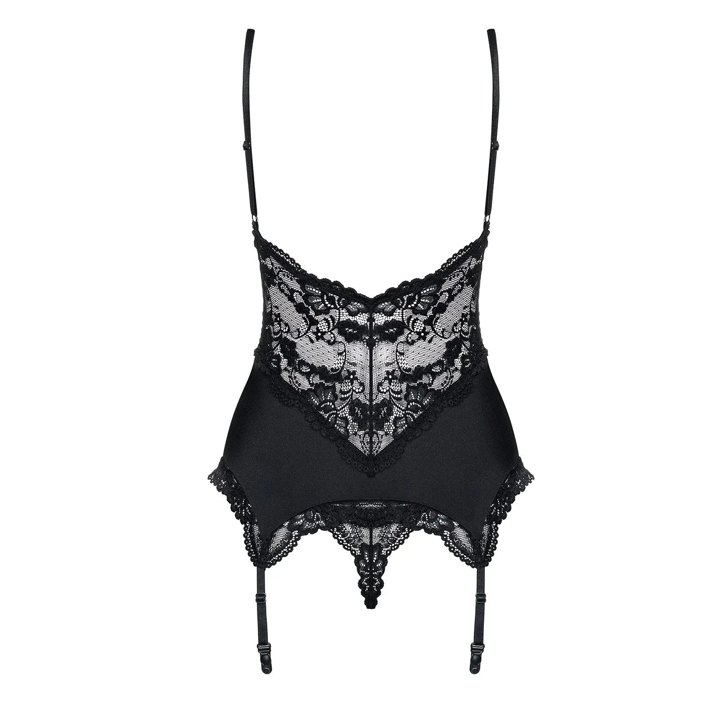 Guêpière noire en dentelle ajustable avec bretelles et jarretelles réglables, bonnets doublés, string inclus.