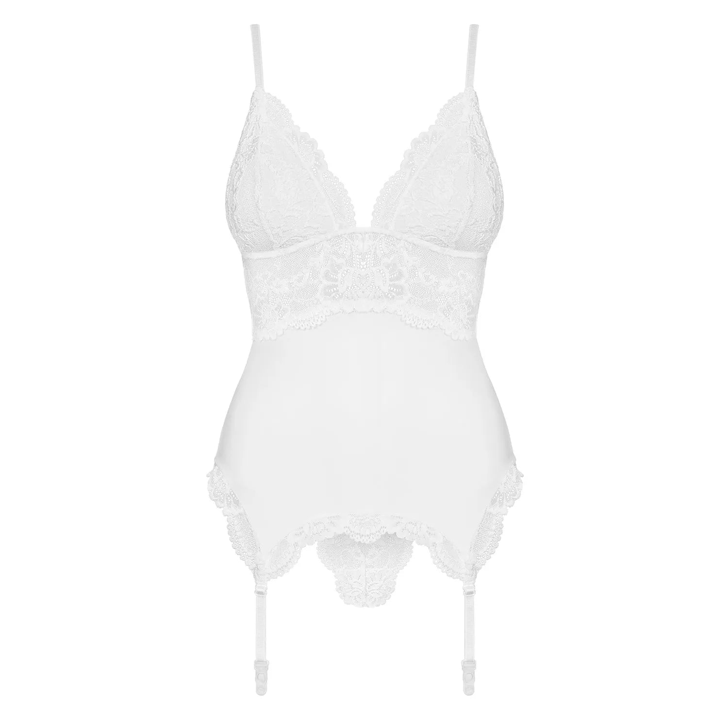 Guêpière blanche moulante en dentelle avec bonnets rembourrés, jarretelles réglables et string assorti pour élégance et co...