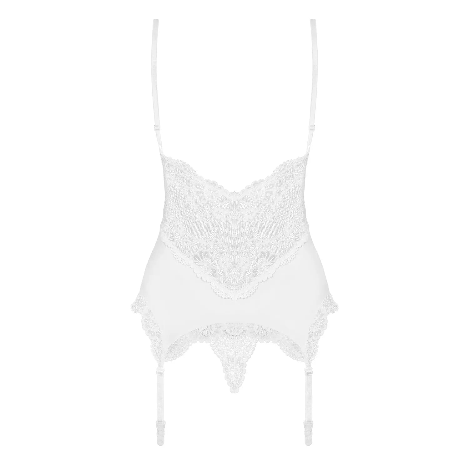 Guêpière blanche en dentelle avec bonnets rembourrés, jarretelles réglables et string assorti, élégance et confort.