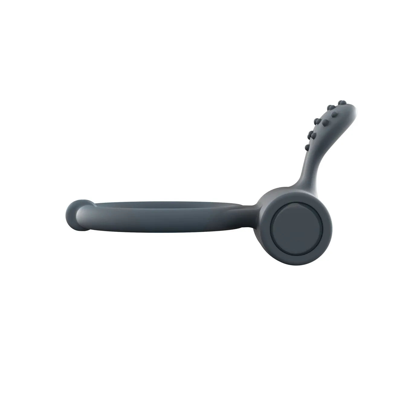 Anneau vibrant gris foncé en silicone doux, design ergonomique, stimulation clitoridienne, étanche, rechargeable USB.