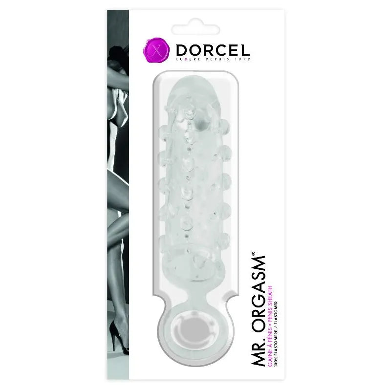 Gaine orgasmique Dorcel transparente nervurée, extensible, anneau pénien, emballage élégant, prolongation éjaculation.