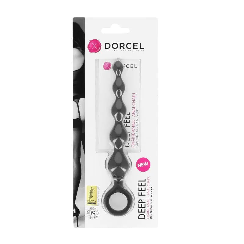 Chaîne anale silicone noire Dorcel, 17cm, diamètre progressif, ergonomique, pour débutants, emballage visible.
