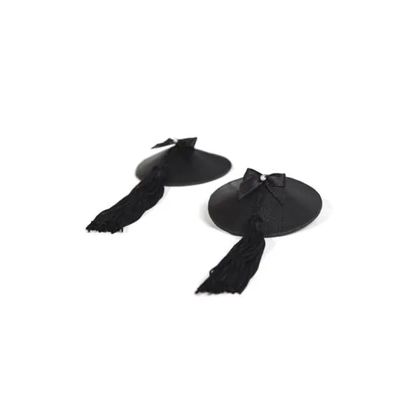 Cache-tétons burlesques noirs avec pompons et nœuds, strass scintillants, élégants et réutilisables pour occasions spéciales.