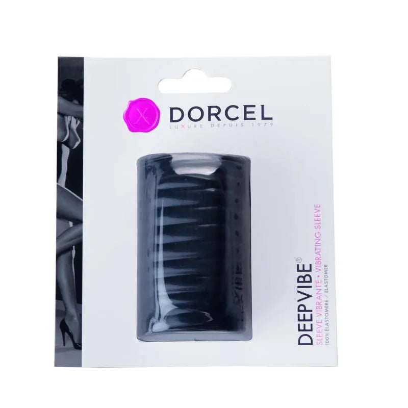 Gaine vibrante noire Dorcel, élastomère flexible, moteur puissant, emballage discret, plaisir couple, facile à nettoyer.