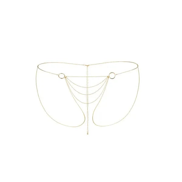 Chaîne bikini dorée élégante avec anneaux et chaînes pendantes, accessoire mode chic pour plage estivale.