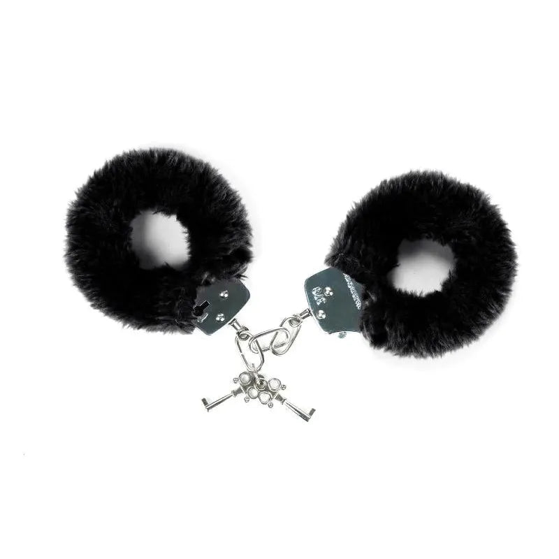 menottes fausse fourrure noire douces confortables doublure molletonnée réglables robustes sécurisées sensuelles intimes romantiques scénarios excitants poignets couple tailleunique élégantes