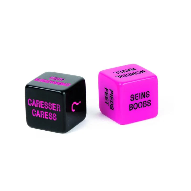 dés coquins jeu sensuel rose noir design élégant matériaux durables faces inscrites claires tactile compact soirées romantiques couple complicité