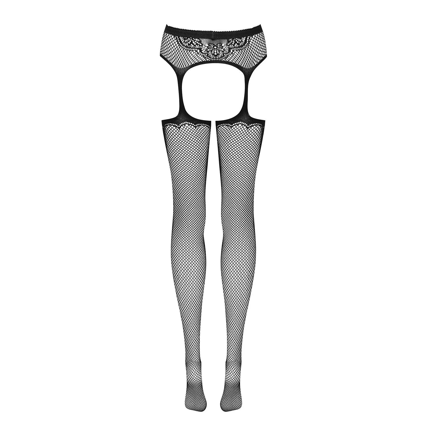 Bas porte-jarretelles noir maillage motifs sensuels, nylon élasthanne, élégant et séduisant, tailles variées.
