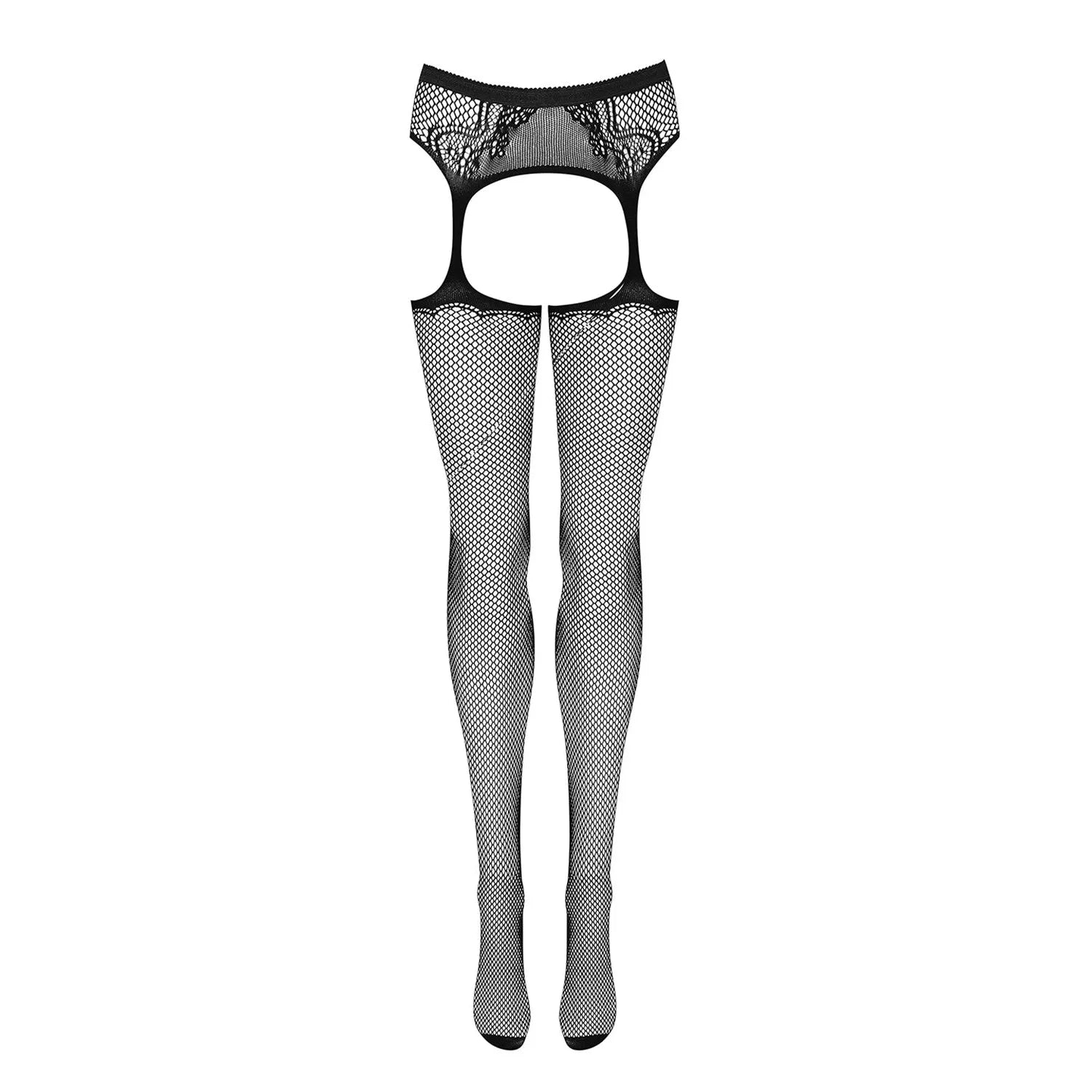 Bas porte-jarretelles noir en maillage avec motifs sensuels, nylon élasthanne, élégant et séduisant, tailles variées.