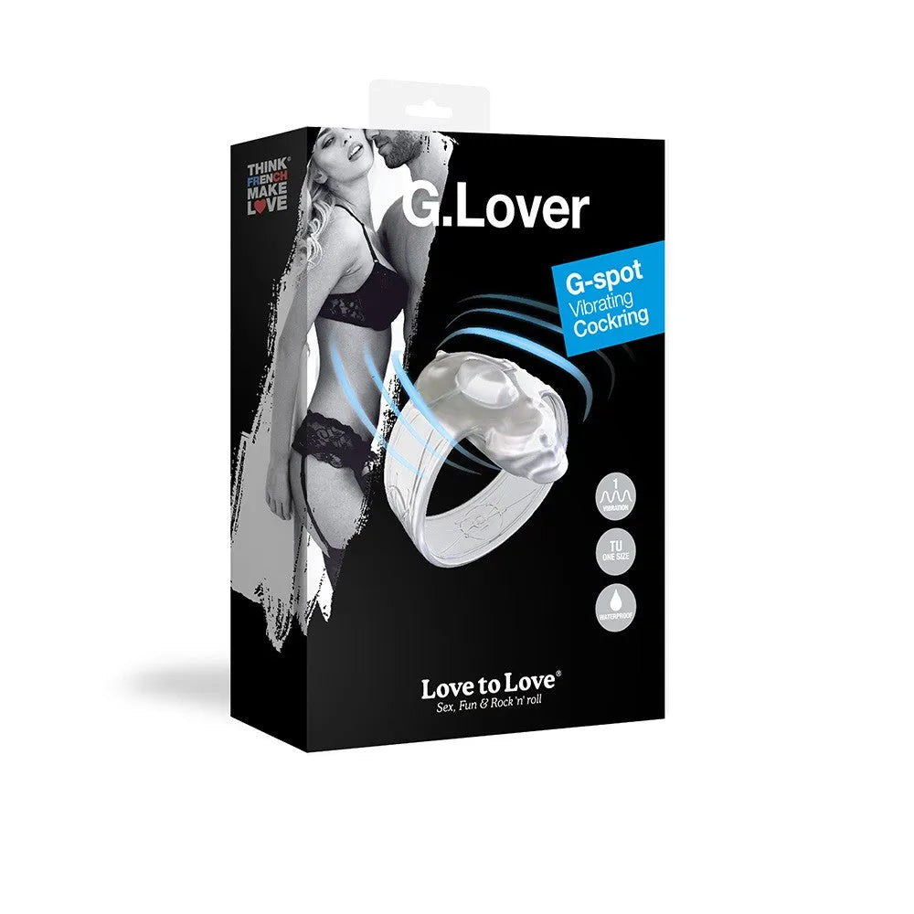 Anneau pénien blanc transparent, silicone doux, stimulation point G, vibrations intenses, emballage élégant.