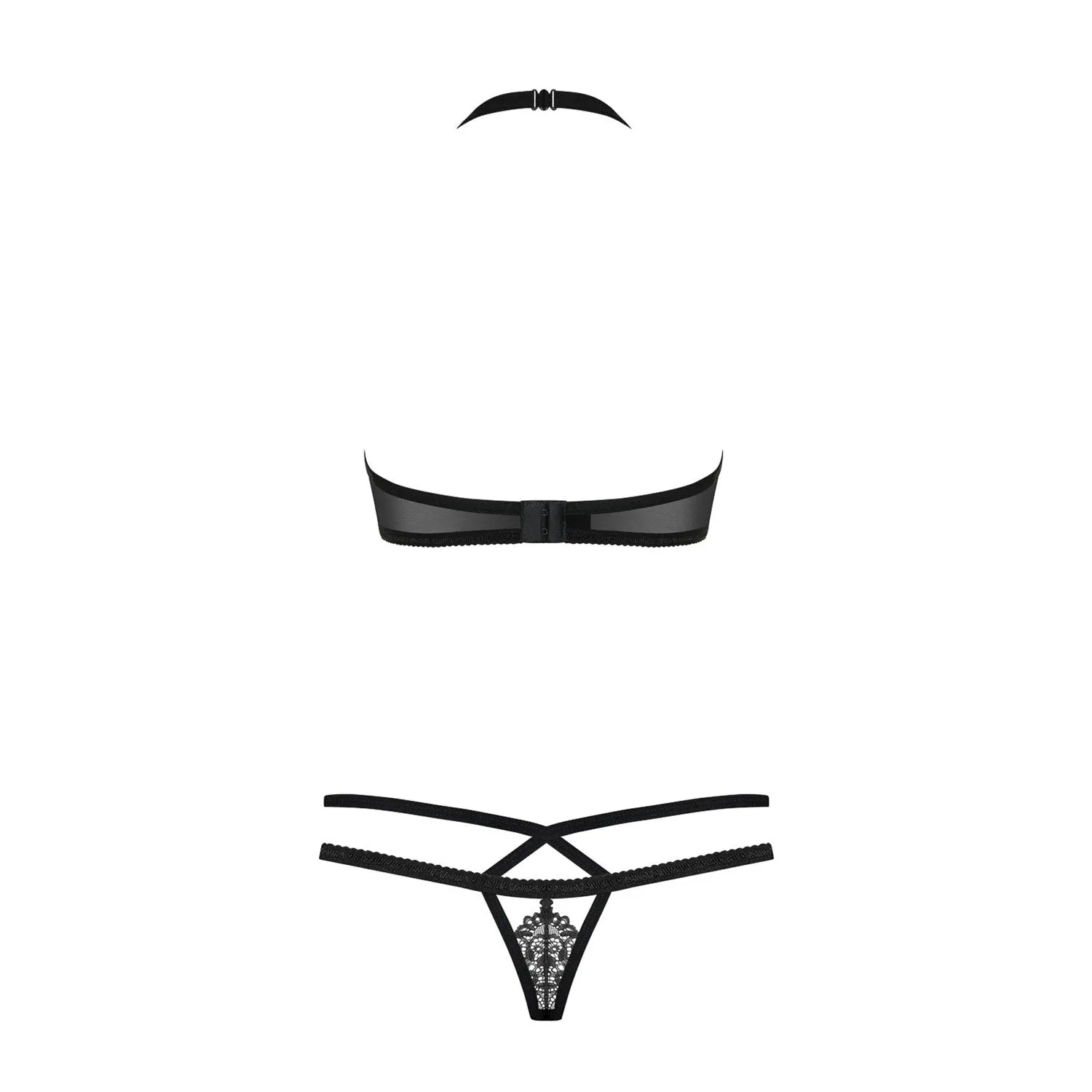 Ensemble lingerie dentelle noir deux pièces, lanières bijoux, polyamide élasthanne, élégant et sculptant.