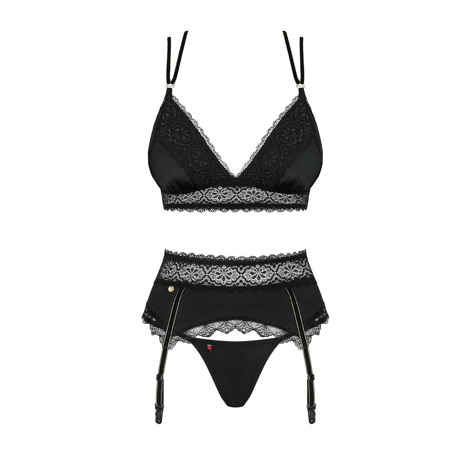 Lolitte ensemble trois pièces noir dentelle dorée soutiengorge rembourré portejarretelles string bretelles ajustables laçage galbant sensuelle