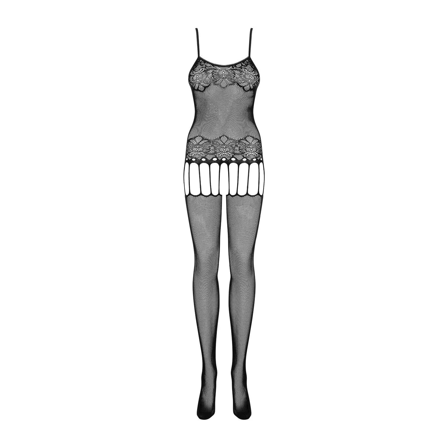Combinaison résille noire motif floral, jarretelles intégrées, technologie 3Sknit, ajustement silhouette, séduction élégante.