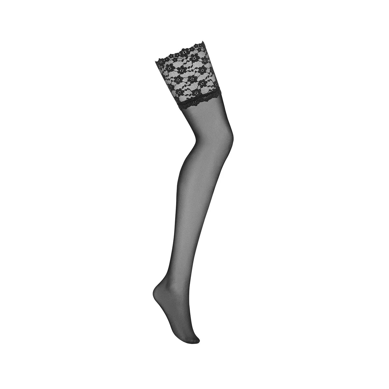 Bas noirs transparents dentelle fleurie, large bande élastique, pour porte-jarretelles, élégant et raffiné.