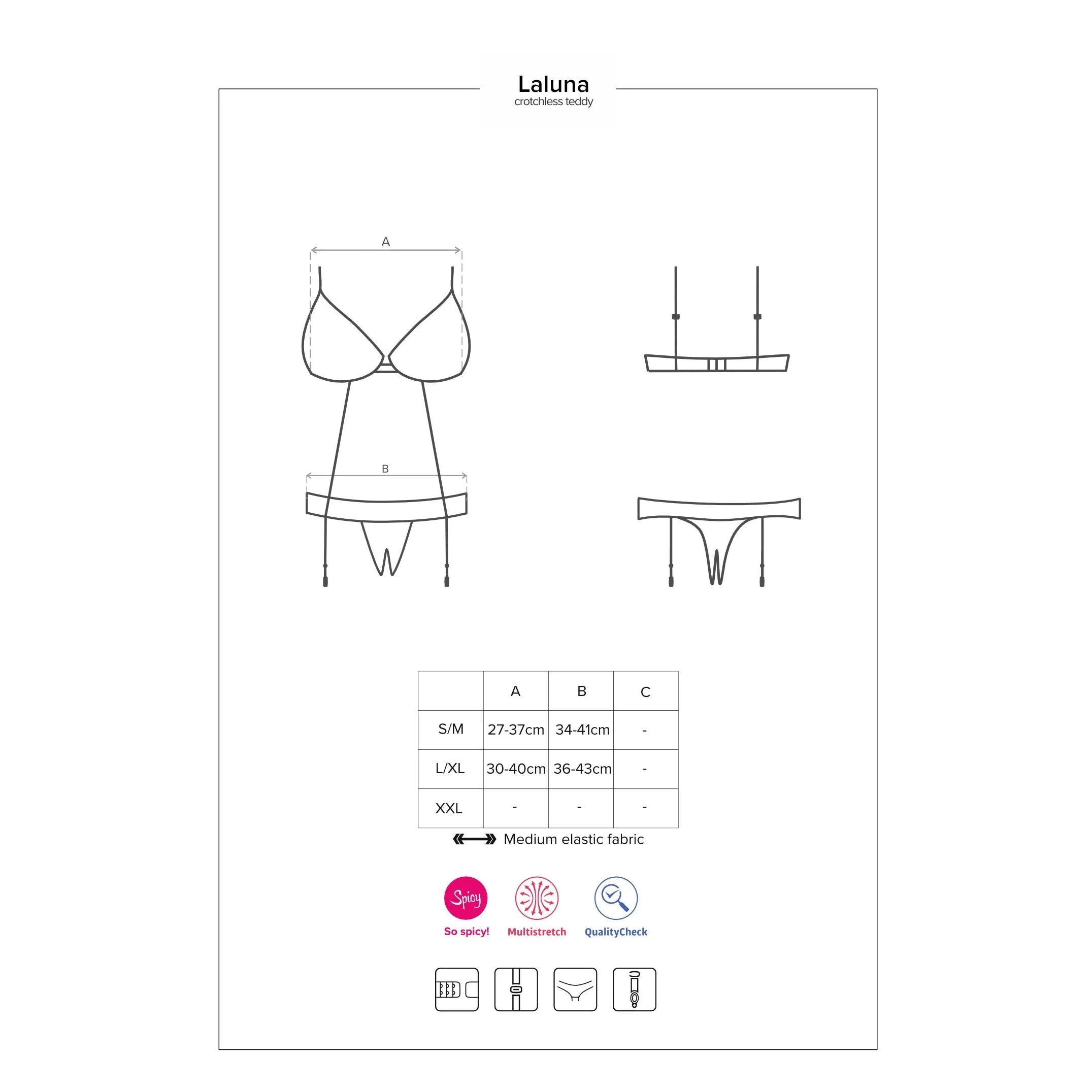 Laluna justaucorps noir sexy dentelle scintillante ajustable bretelles réglables découpes coquines entrejambe ouvert tissu doux élasthanne polyamide confort