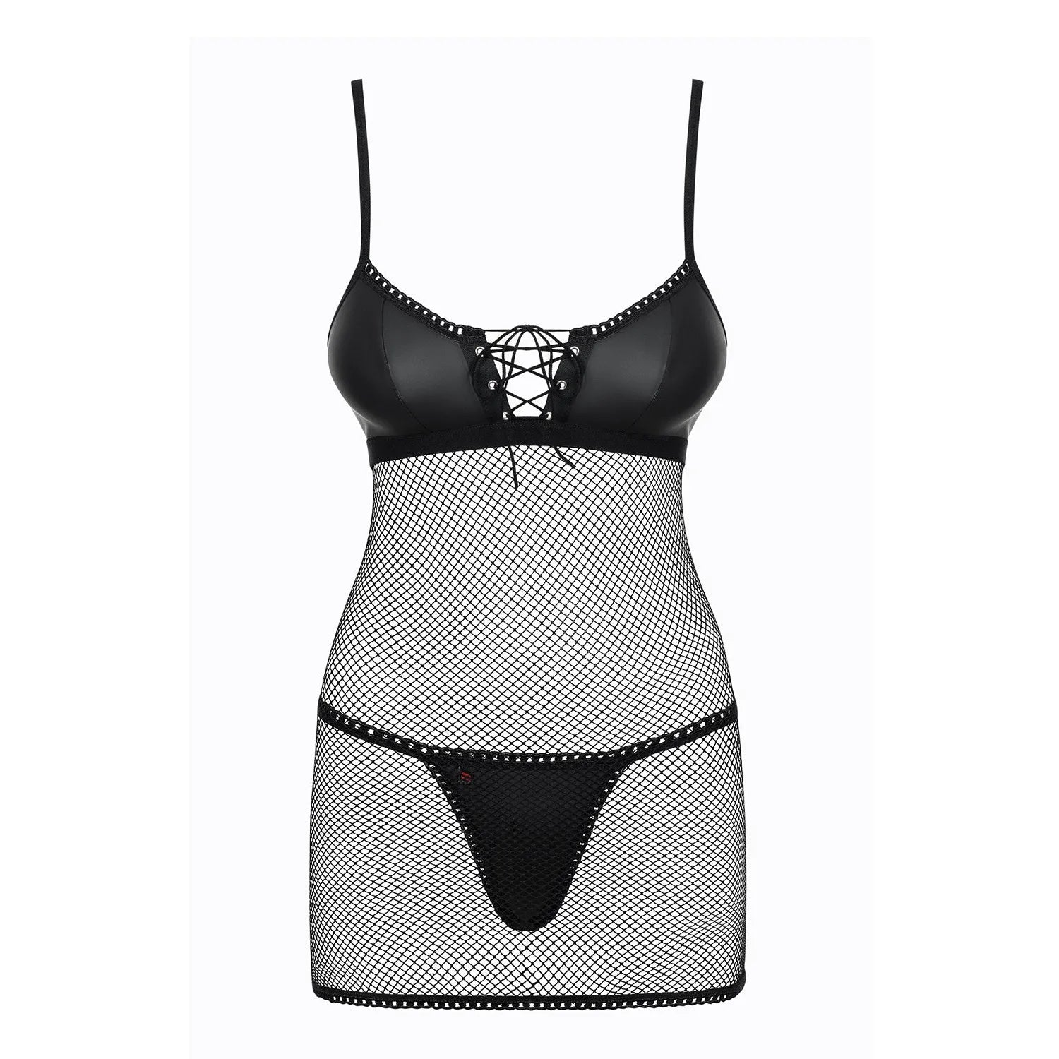 nuisette effet cuir filet extensible noir ajustable string assorti sexy bretelles réglables laçage avant échancrée confortable sensuelle