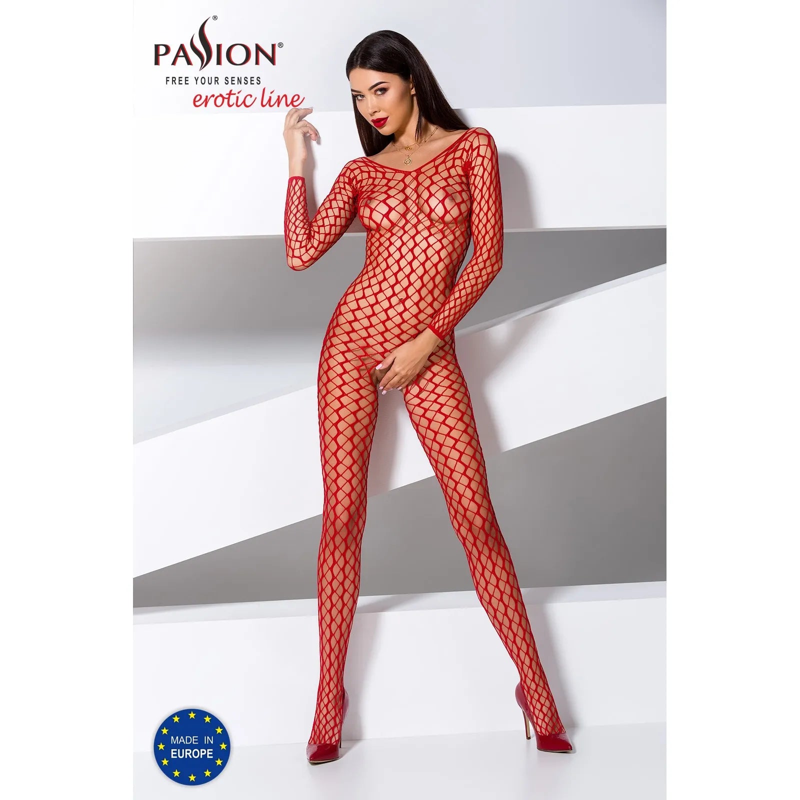 bodystocking rouge sensuel résille élastique taille unique extensible seconde peau transparent séduction glamour sculptant confortable polyamide élasthanne marque Passion