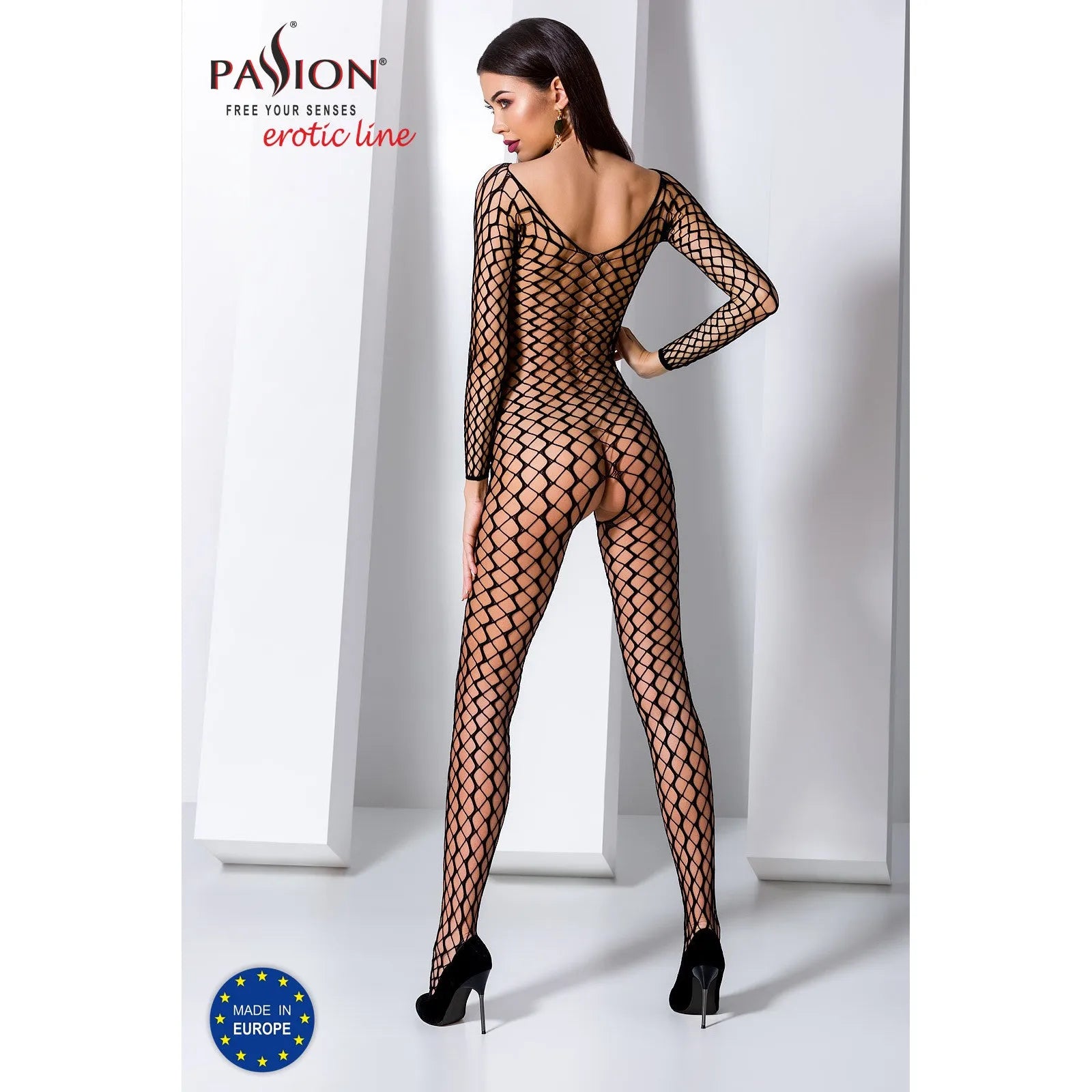 Bodystocking noir résille large ouvert entrejambe, grande élasticité, taille unique, confort et séduction.