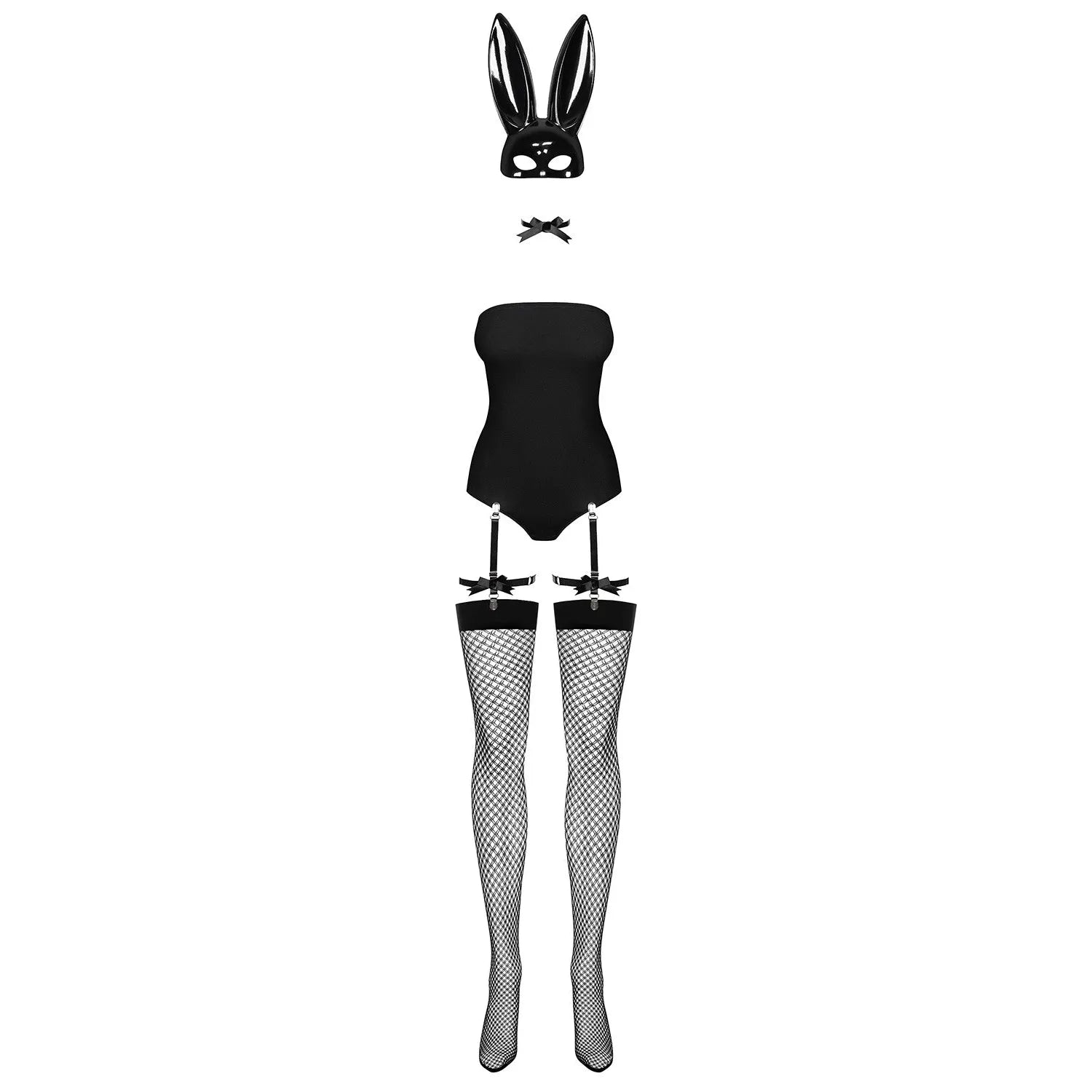 Costume lapin sexy noir avec body ajusté, masque oreilles, jarretelles réglables et bas résille, style élégant et espiègle.