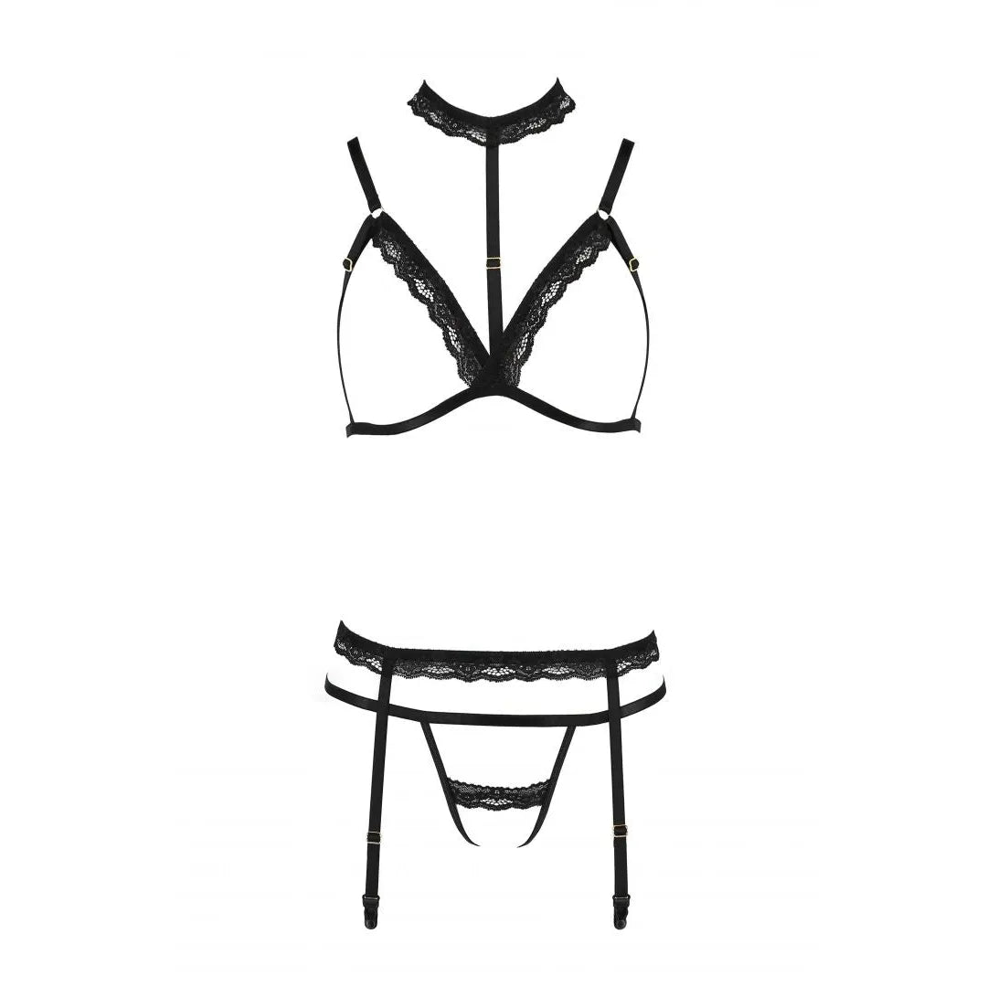 Ensemble lingerie noir trois pièces: string ouvert, soutien-gorge sans bonnets, porte-jarretelles, collier intégré.