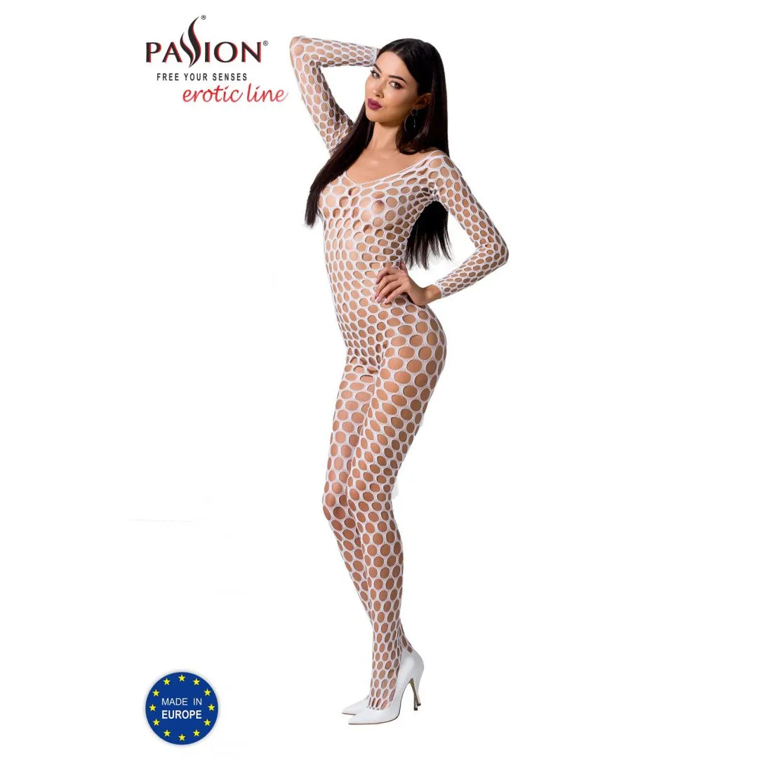 Bodystocking résille blanche élastique, manches longues, épouse les courbes, taille unique 36-42, glamour et confortable.