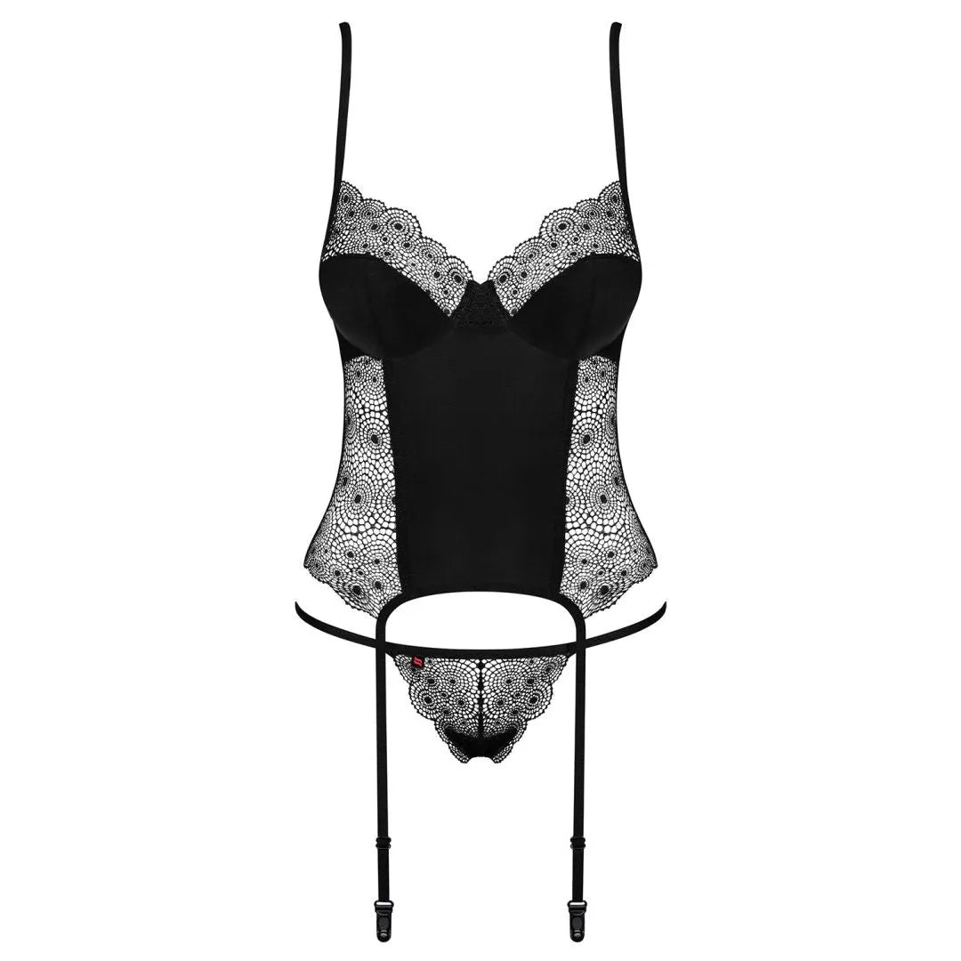 Guêpière dentelle noire Sharlotte avec armatures réglables, jarretelles, string assorti, élégance et confort sculptant.