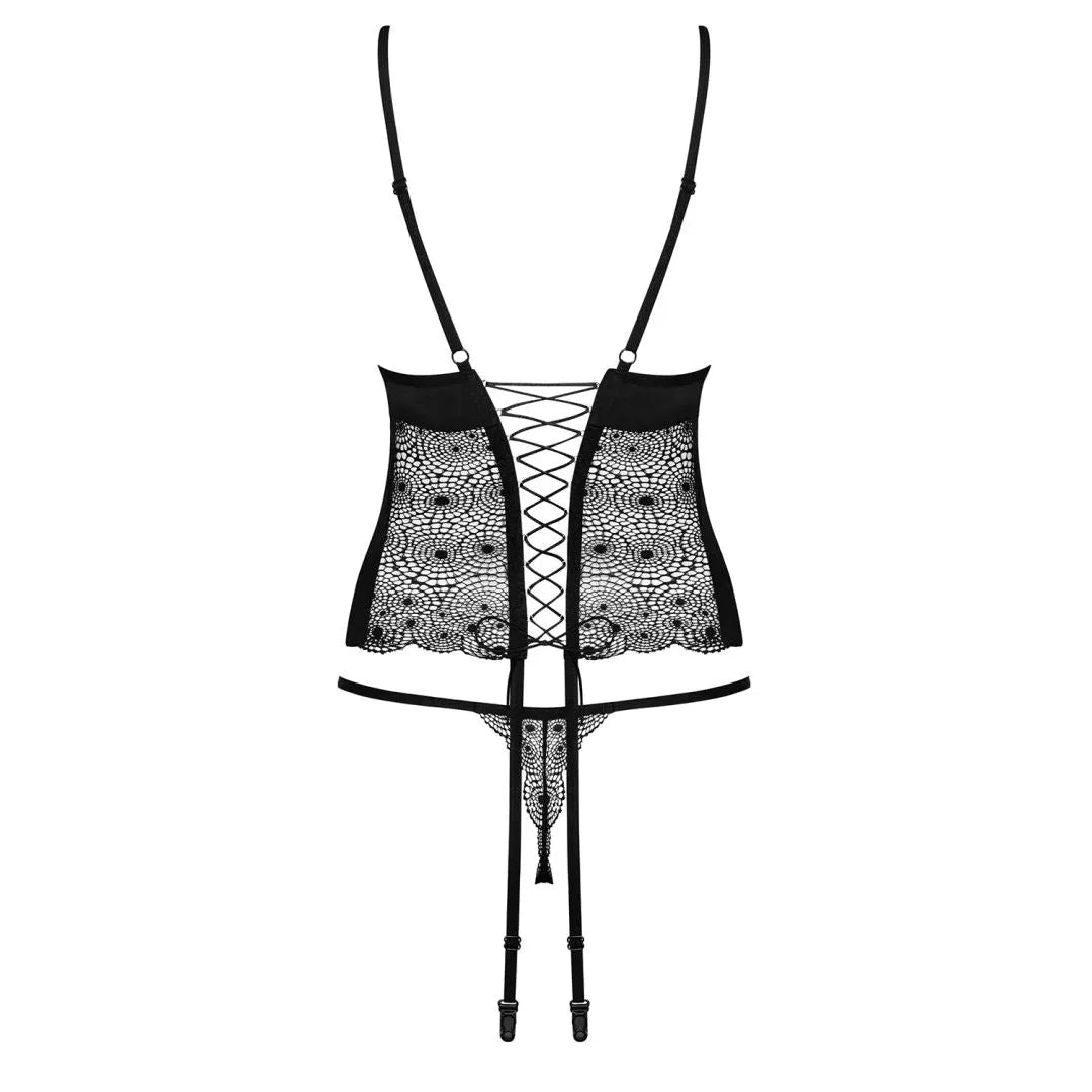 Guêpière dentelle noire Sharlotte avec armatures réglables, string assorti, jarretelles ajustables, élégance raffinée.