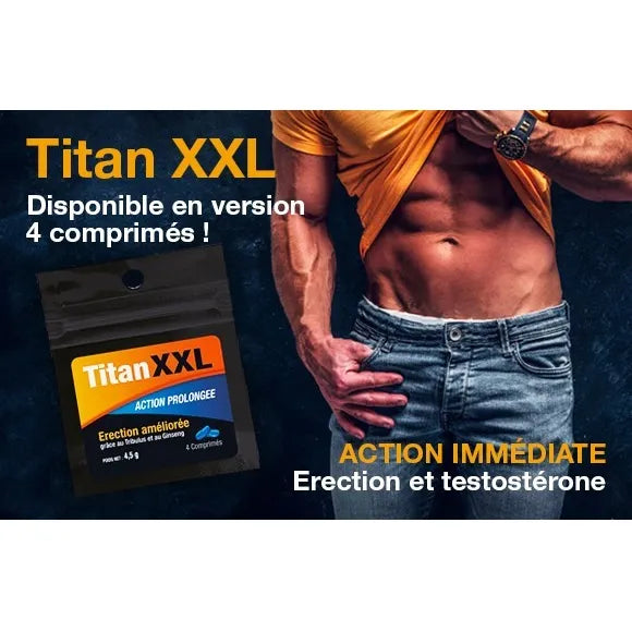 Boîte noire Titan XXL Homme avec étiquette orange et bleue, compléments pour libido masculine, fond bleu foncé.