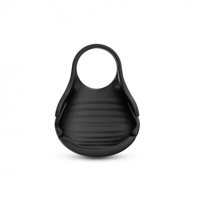 Anneau pénien vibrant noir en silicone, stimulation testicules, retard éjaculation, étanche, rechargeable, ergonomique.