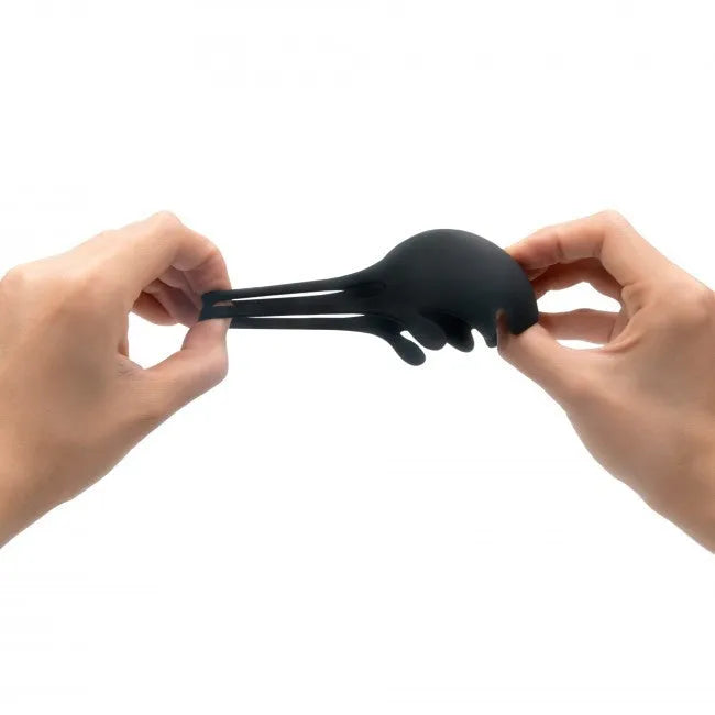 Anneau pénien vibrant noir en silicone, forme ergonomique, stimulation testicules, étanche, rechargeable, neuf modes.