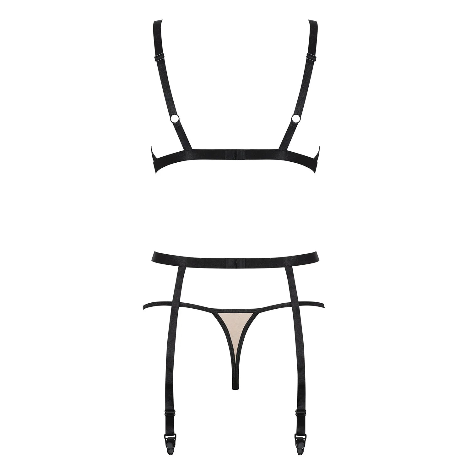Ensemble lingerie Nudelia noir nude avec soutien-gorge, string et porte-jarretelles réglables, tissu élastique élégant.