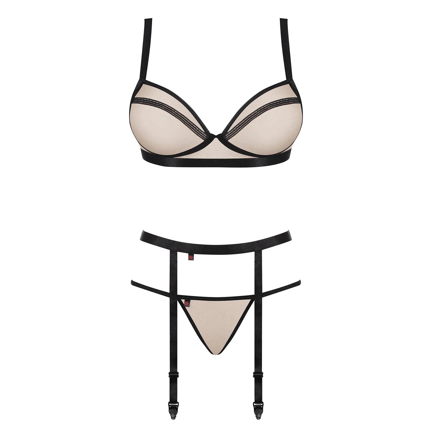 Ensemble lingerie Nudelia nude noir, soutien-gorge, string, porte-jarretelles réglables, tissu élastique, fil doré.