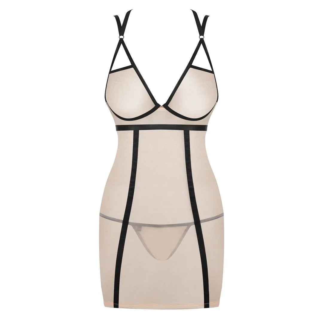nuisette élégante transparente nude fil doré bretelles réglables sexy chatoyante rayures noires découpes triangulaires élastique douceur lingerie string assorti
