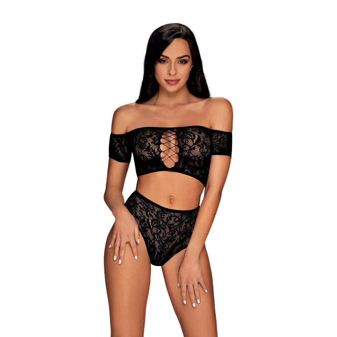 Inessita ensemble lingerie noir sexy maille transparente épaules dénudées laçage décolleté plongeant motif subtil col Carmen nylon élasthanne confort