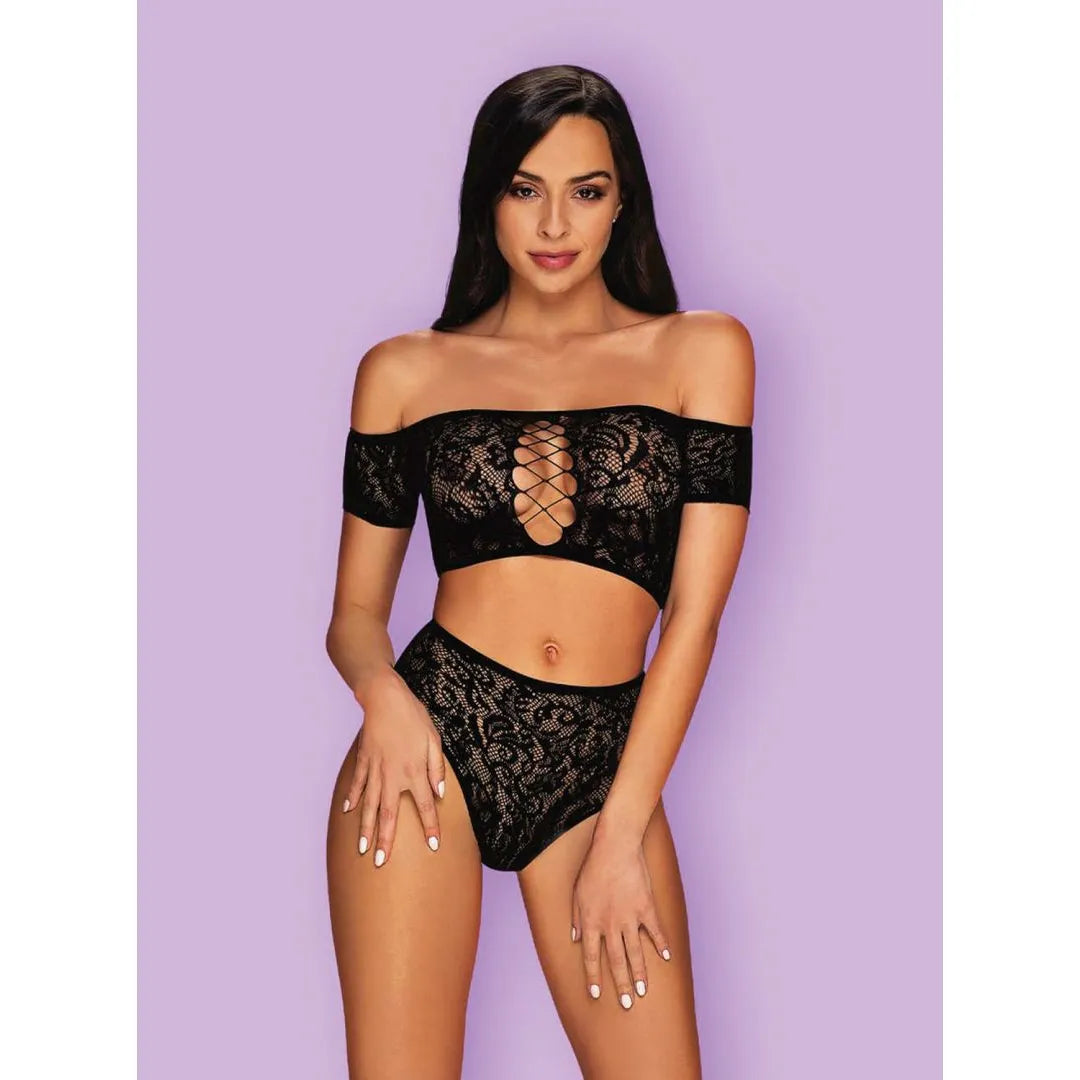 Inessita ensemble lingerie noir sexy maille transparente épaules dénudées laçage décolleté plongeant motif subtil col Carmen nylon élasthanne confort