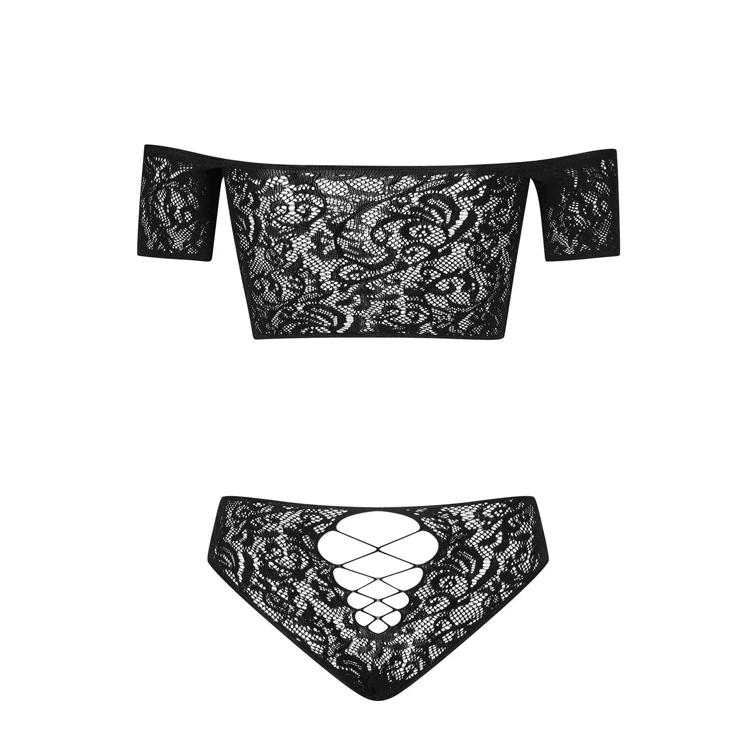 Inessita ensemble lingerie noir sexy maille transparente épaules dénudées laçage décolleté plongeant motif subtil col Carmen nylon élasthanne confort