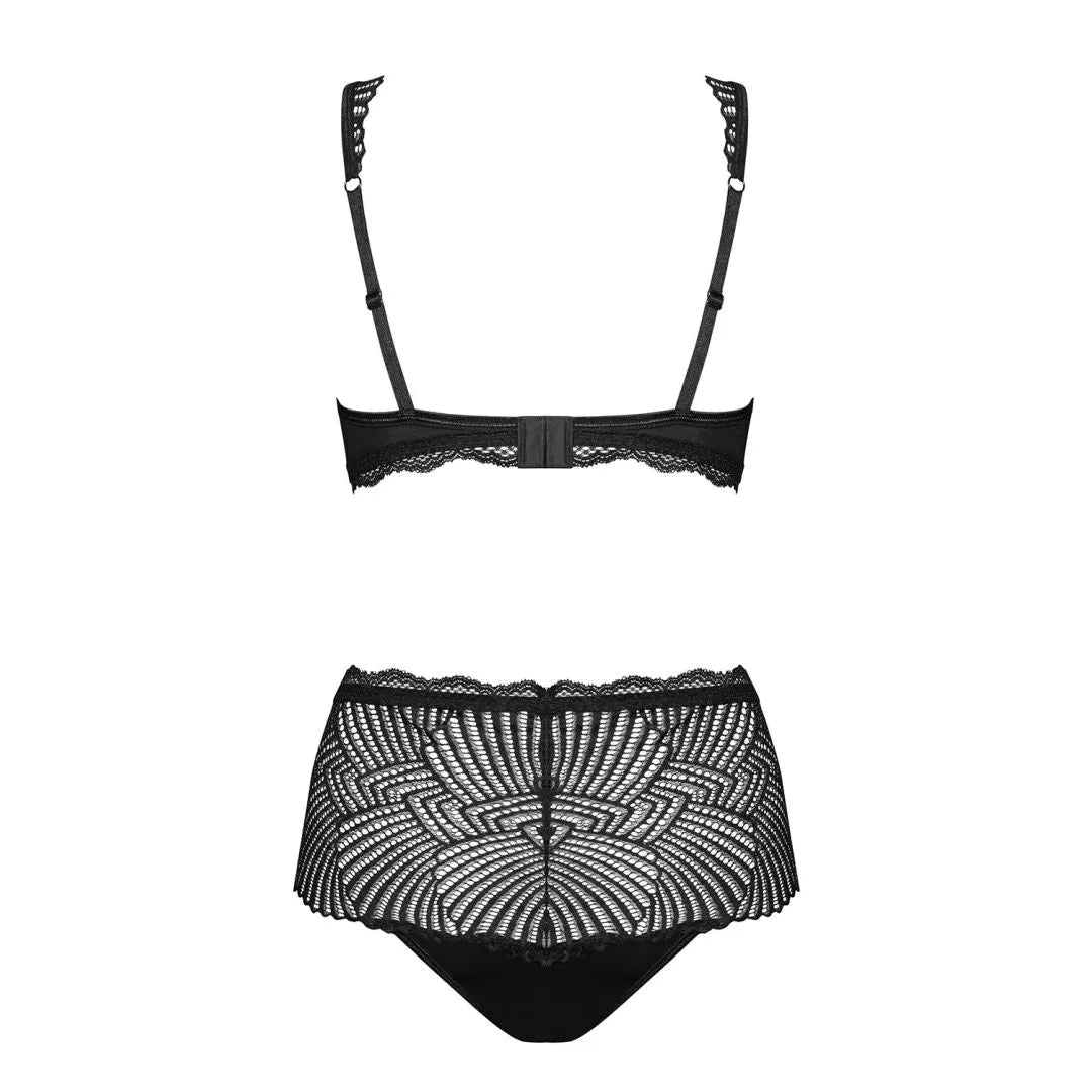 Ensemble lingerie noir dentelle opaque, soutien-gorge bretelles réglables, culotte taille haute, élégance et confort.