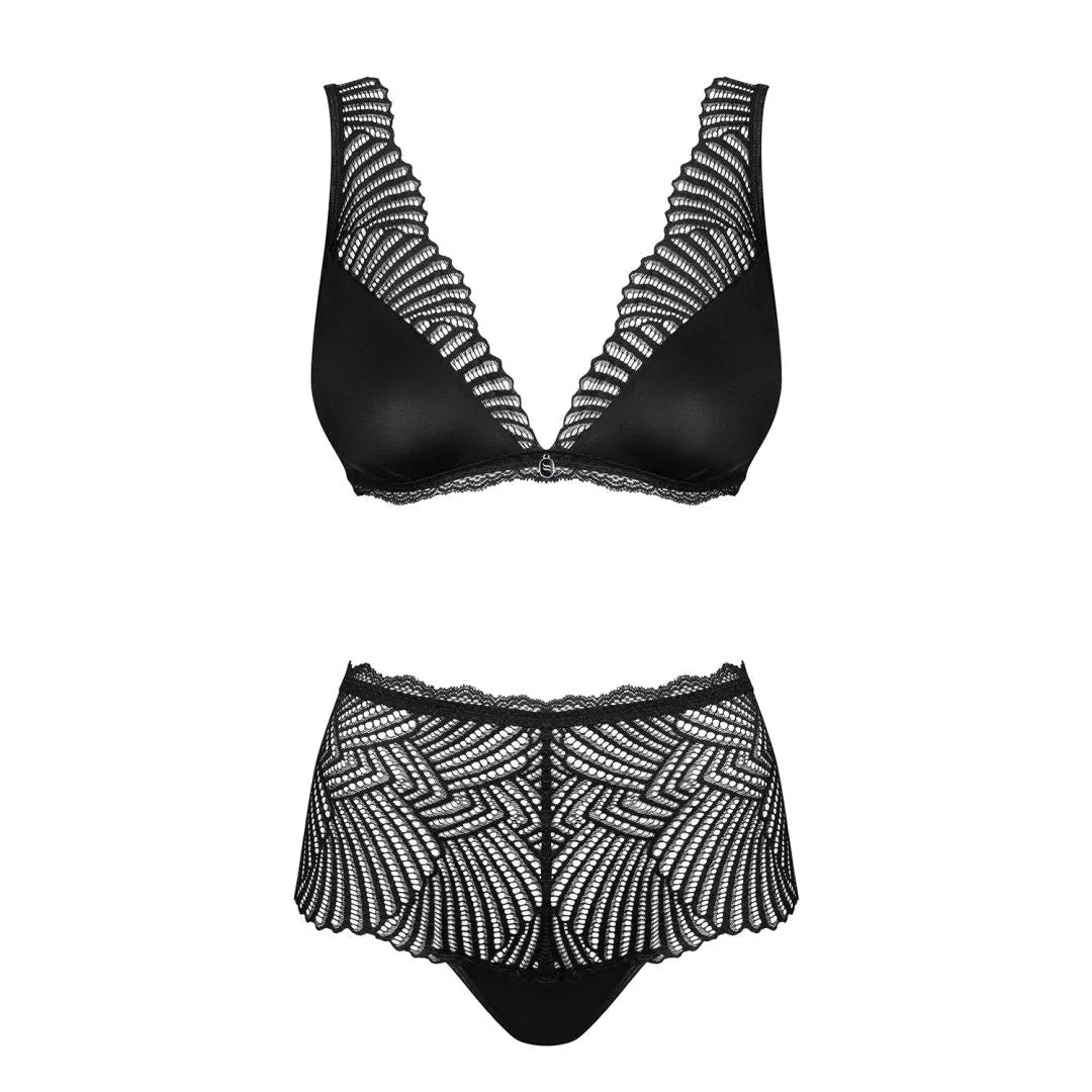 Ensemble lingerie noir dentelle opaque, soutien-gorge et culotte taille haute, bretelles réglables, confort et élégance.