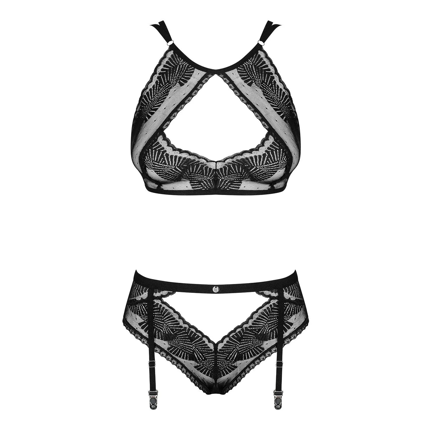 Ensemble lingerie noir transparent motifs géométriques, soutien-gorge et culotte avec jarretelles, Allastia élégant.