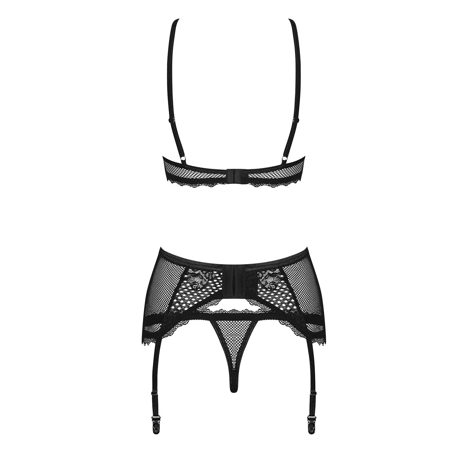 Ensemble lingerie noire dentelle florale, laçage, anneaux métal, soutien-gorge, porte-jarretelles, string réglable.