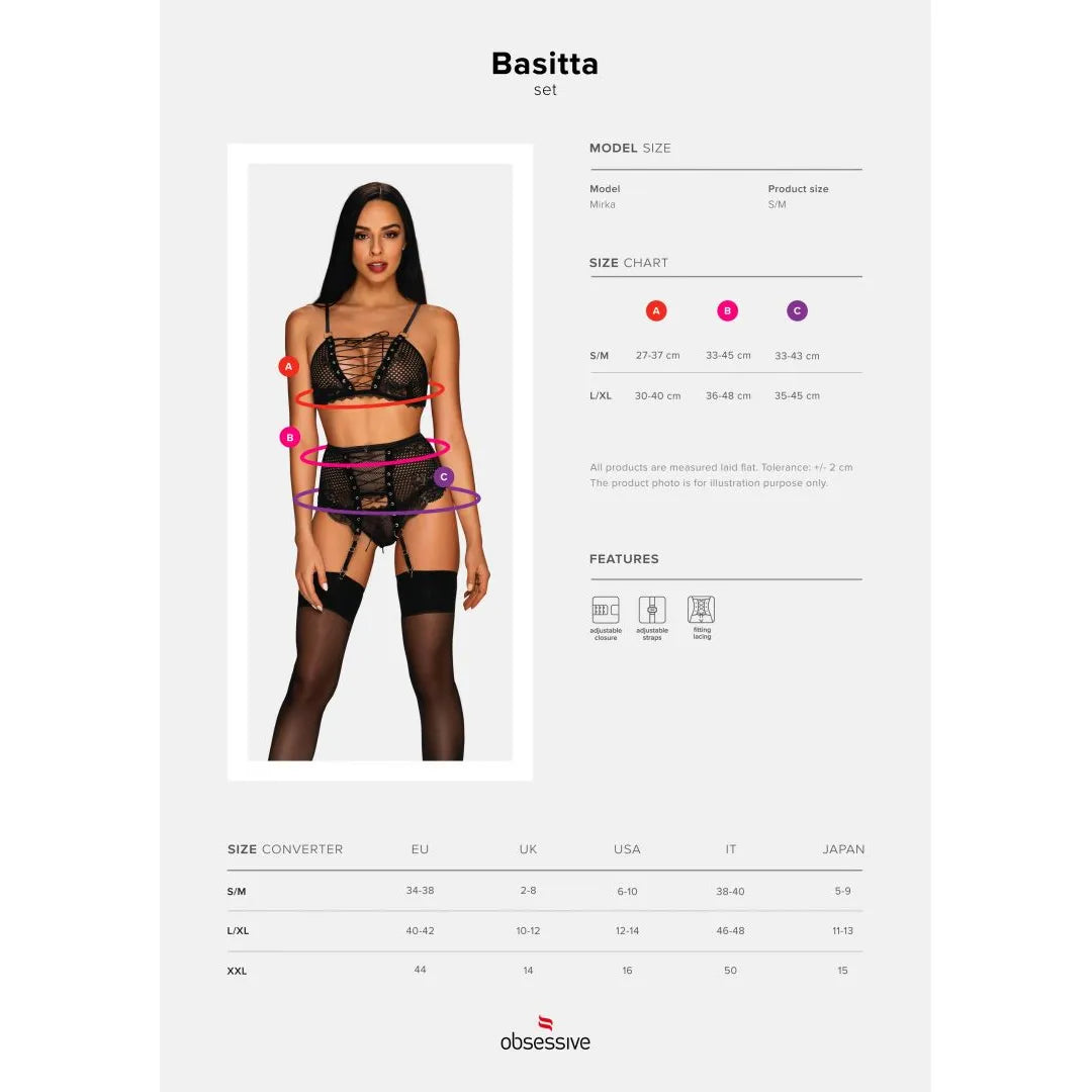 Ensemble lingerie noire dentelle florale, laçage, anneaux métal, soutien-gorge, porte-jarretelles, string ajustable.