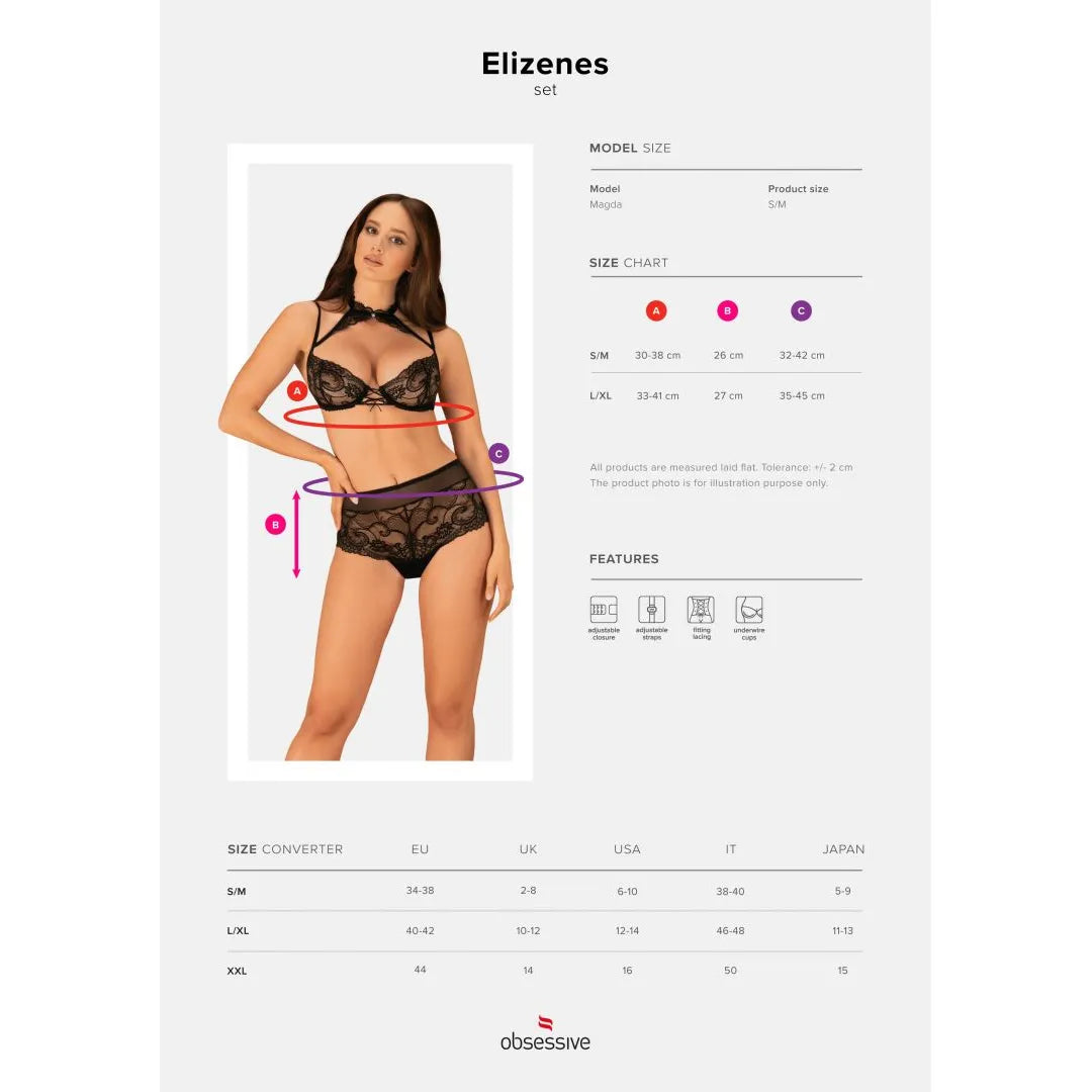 Ensemble lingerie dentelle noire Elizenes, soutien-gorge et shorty ajustables, chic et sensuel avec collier brillant.