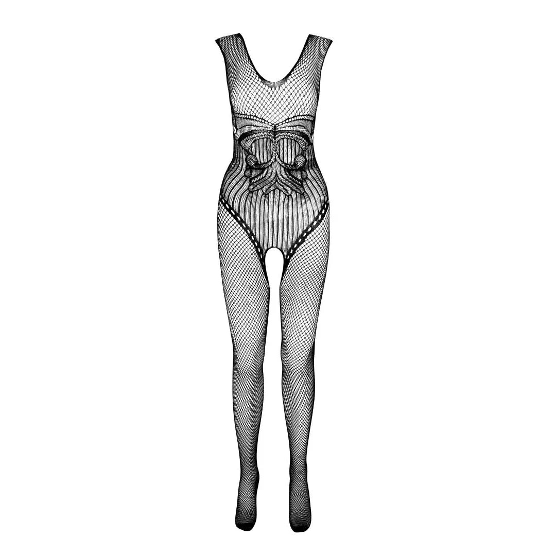 Bodystocking noir résille ajourée, ouverture entrejambe, extensible, nylon régénéré, design sensuel et écologique.