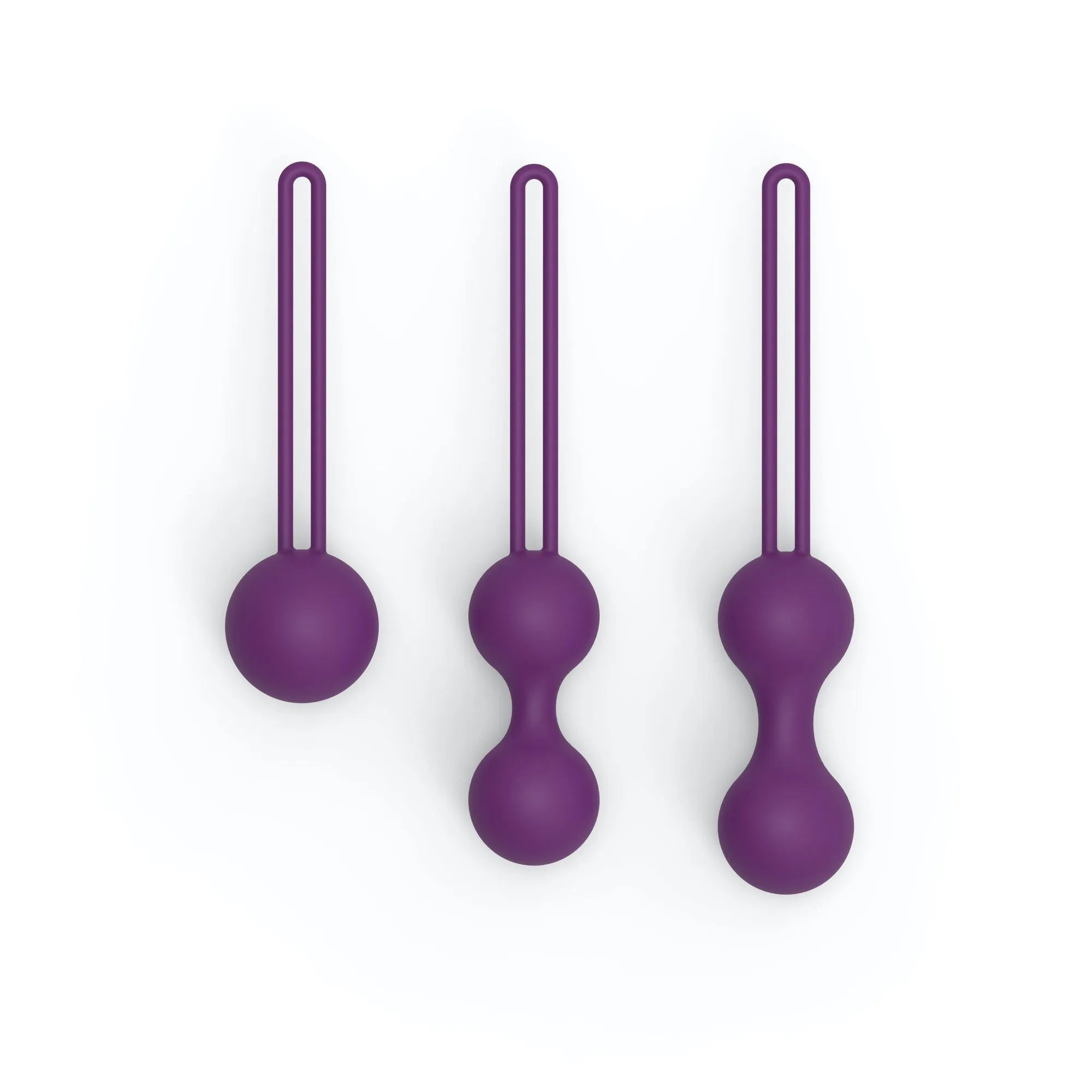Boules de Geisha violettes en silicone, trois tailles, pour entraînement périnée, ergonomiques, étanches, silencieuses.