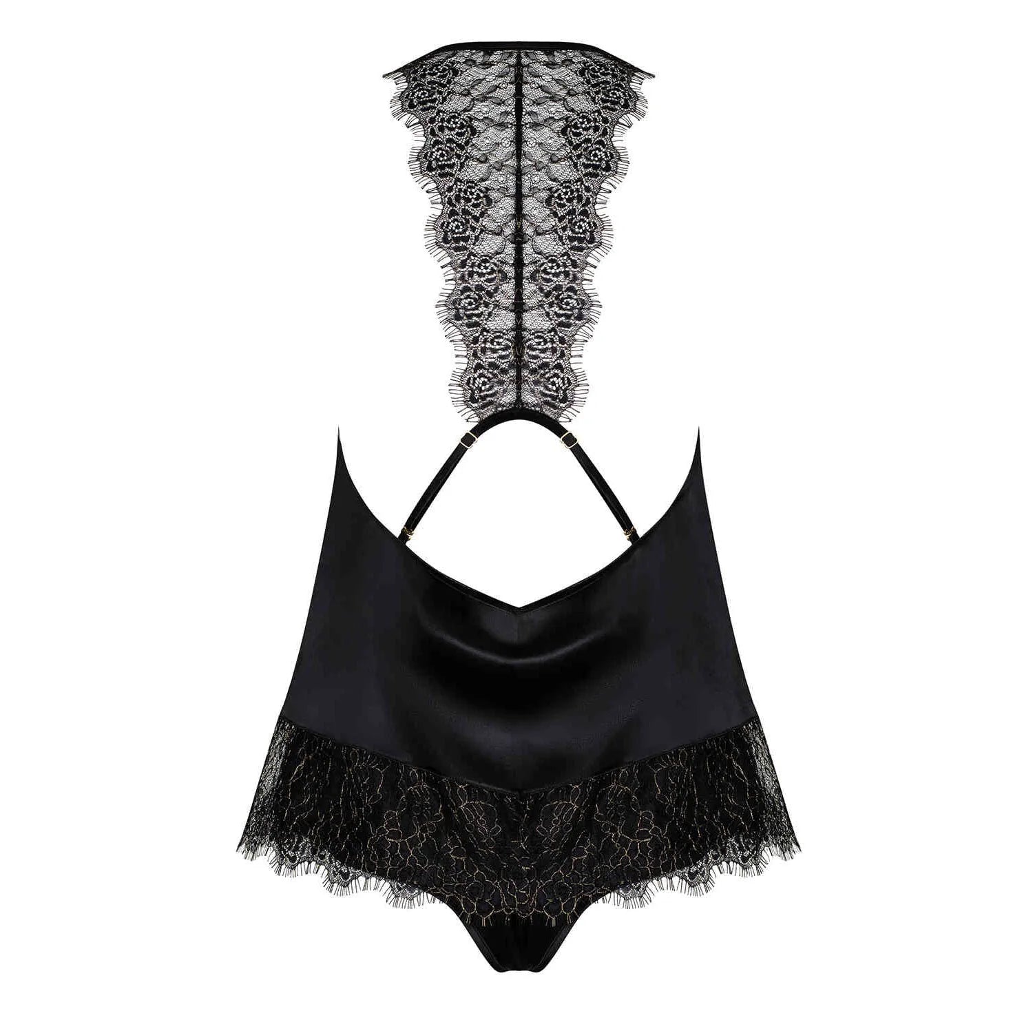 Ensemble lingerie satin noir avec dentelle, haut décolleté, dos exposé, bretelles réglables, élégant et féminin.