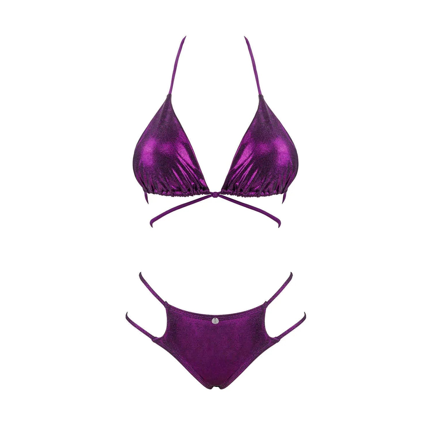 Bikini violet scintillant Balitta, bonnets triangulaires, bretelles asymétriques, double laçage, élégant et chic.
