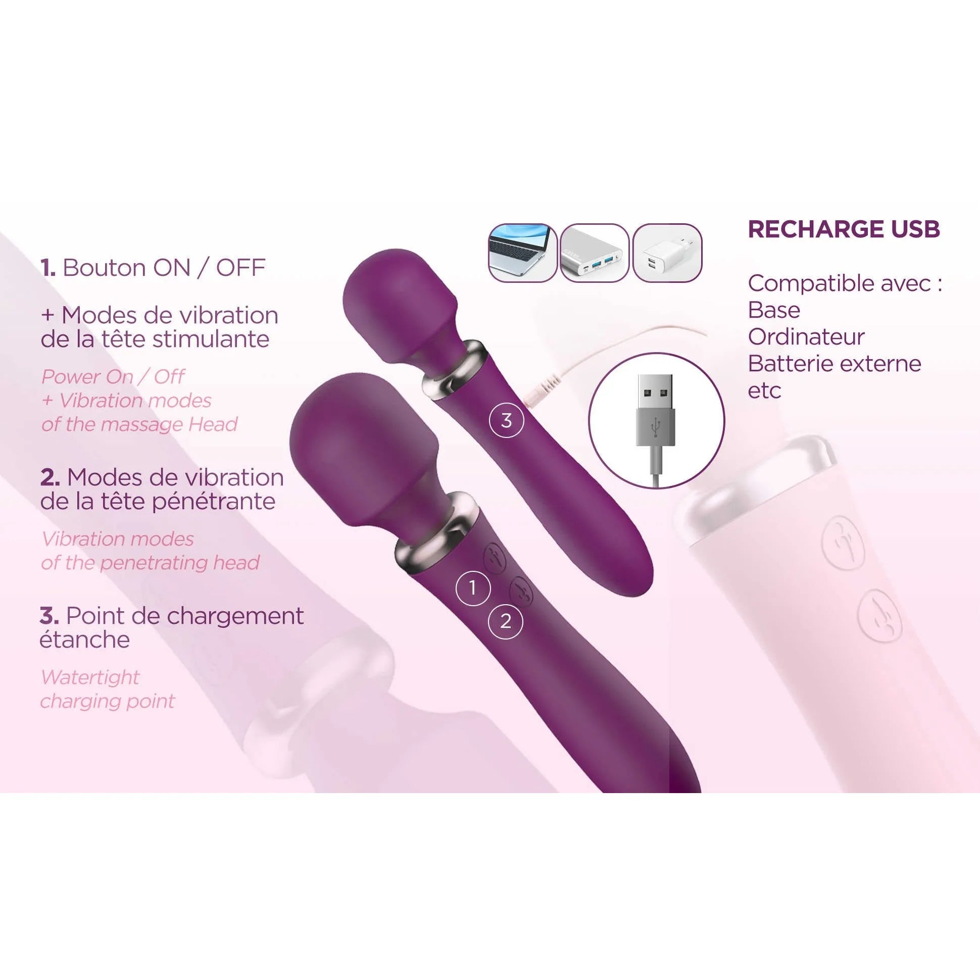 Powerful Wand Bordeaux double fonction massages pénétrations silicone médical waterproof