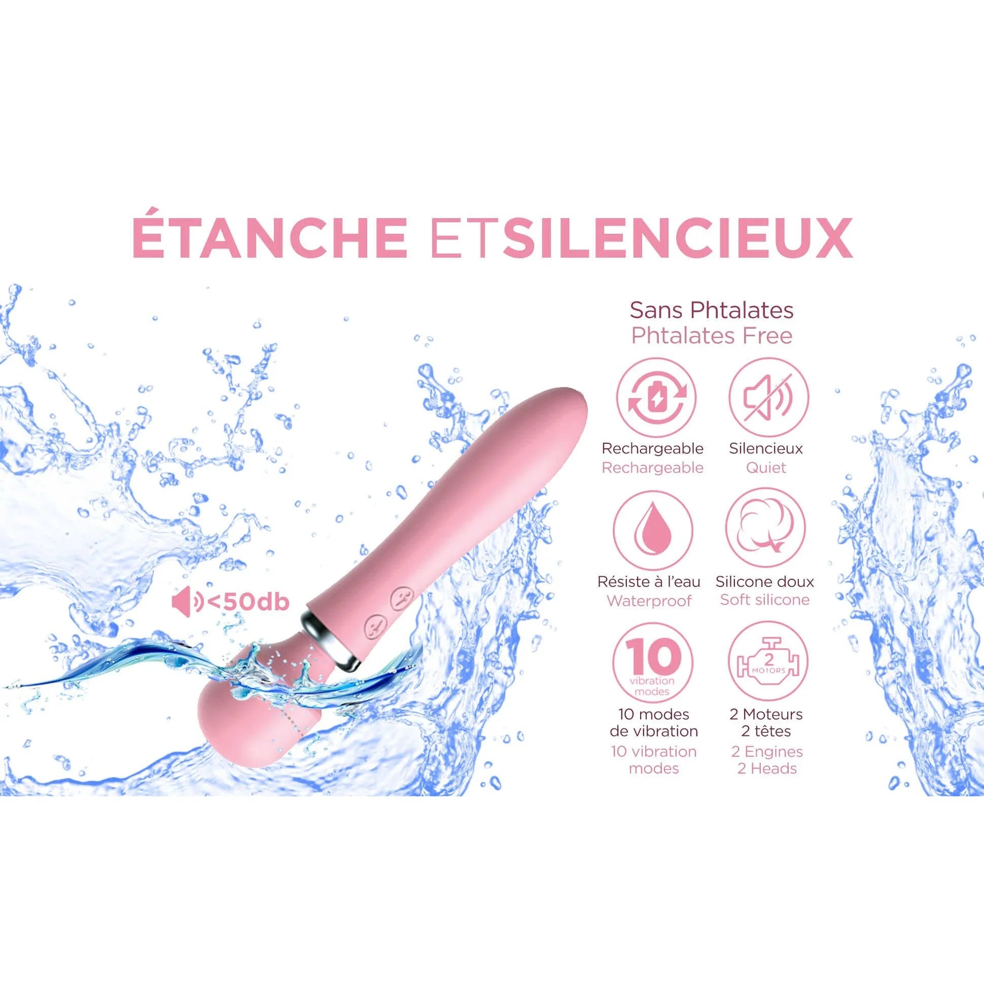 masseur vibrant tête maniable double silicone médical ultradoux sans phtalates étanche rechargeable dix modes puissants moteurs autonomie prolongée