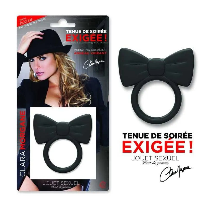 Anneau pénien noir en silicone hypoallergénique, forme de nœud papillon, étanche, emballage élégant.